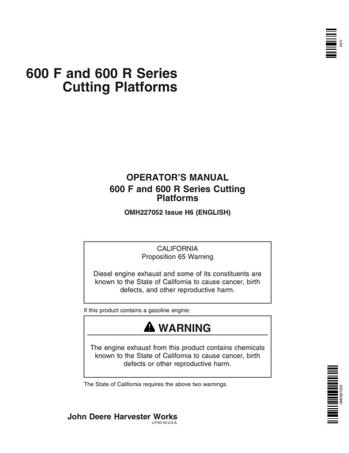 John Deere 600F; 600R Series Cutting platform Operator manual OMH227052 — actual manual cover