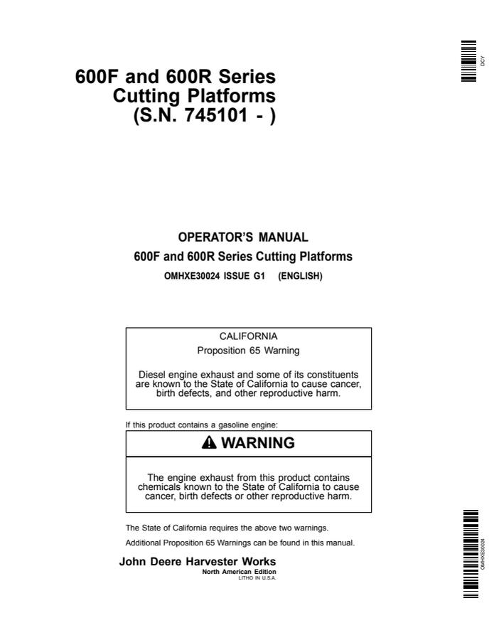 John Deere 600F; 600R Series Cutting platform Operator manual OMHXE30024 — actual manual cover