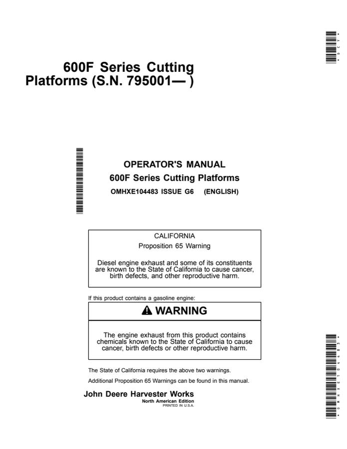 John Deere 600F Series Cutting platform Operator manual OMHXE104483 — actual manual cover