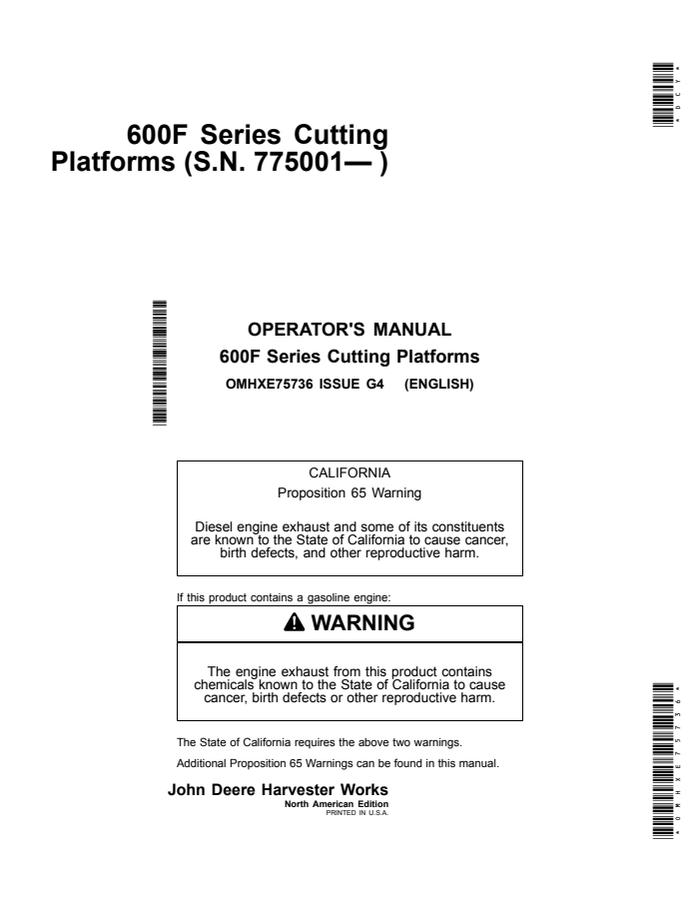 John Deere 600F Series Cutting platform Operator manual OMHXE75736 — actual manual cover
