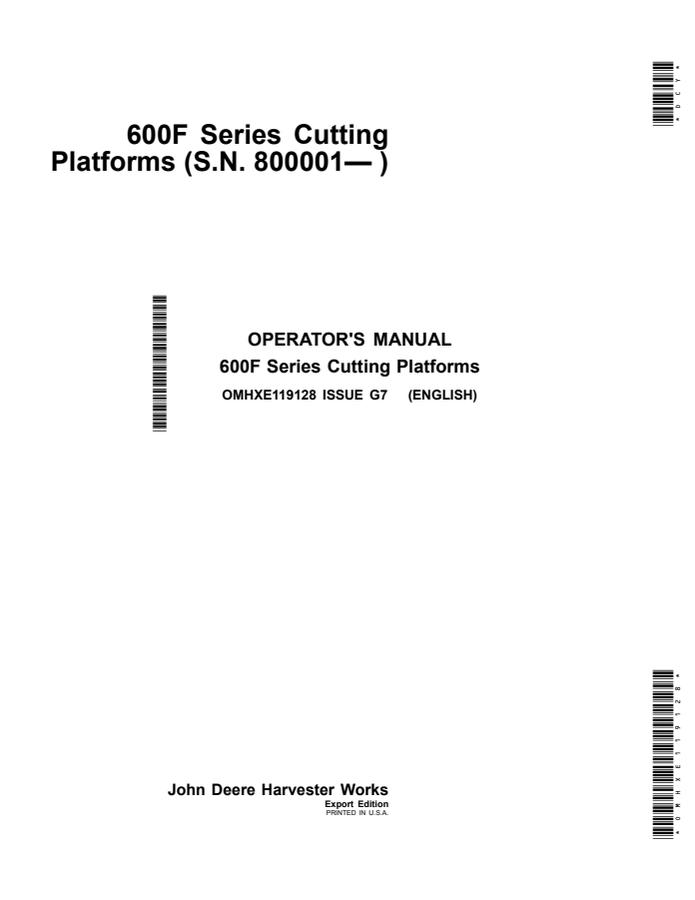 John Deere 600F Series Cutting Platforms Cutting platform Operator manual OMHXE119128 — actual manual cover