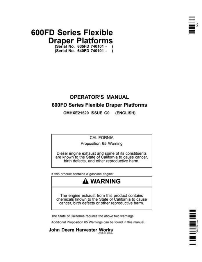 John Deere 600FD Series Draper platform Operator manual OMHXE21520 — actual manual cover