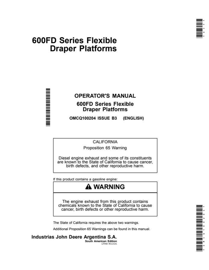 John Deere 600FD Series Flexible Draper Platforms Draper platform Operator manual OMCQ100204 — actual manual cover