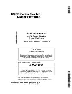 John Deere 600FD Series Flexible Draper Platforms Draper platform Operator manual OMCQ100204 — actual manual cover