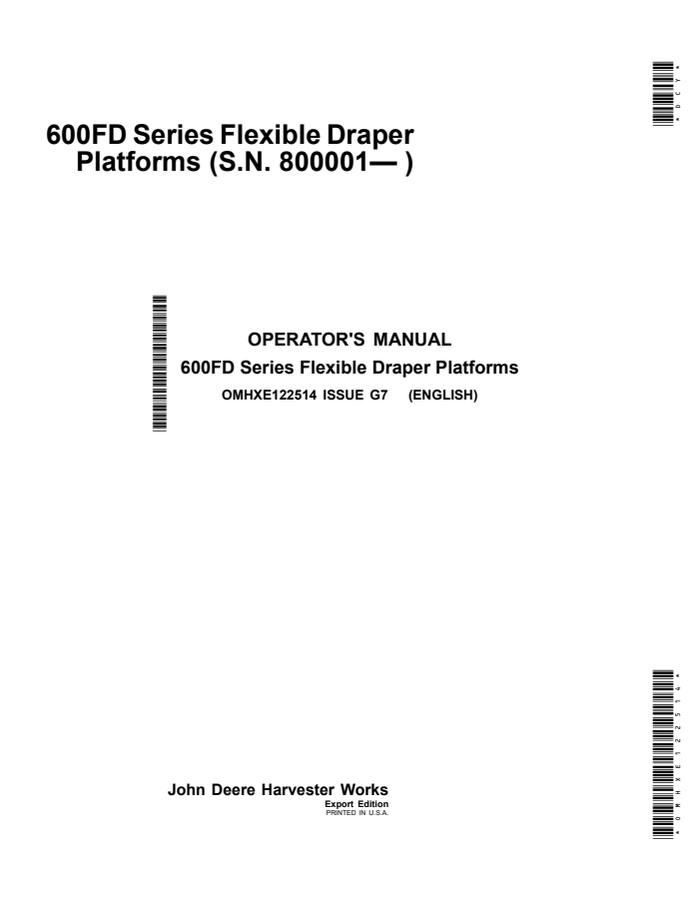 John Deere 600FD Series Flexible Draper Platforms Draper platform Operator manual OMHXE122514 — actual manual cover