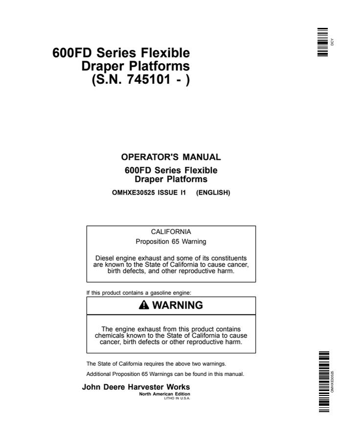 John Deere 600FD Series Flexible Draper Platforms Draper platform Operator manual OMHXE30525 — actual manual cover