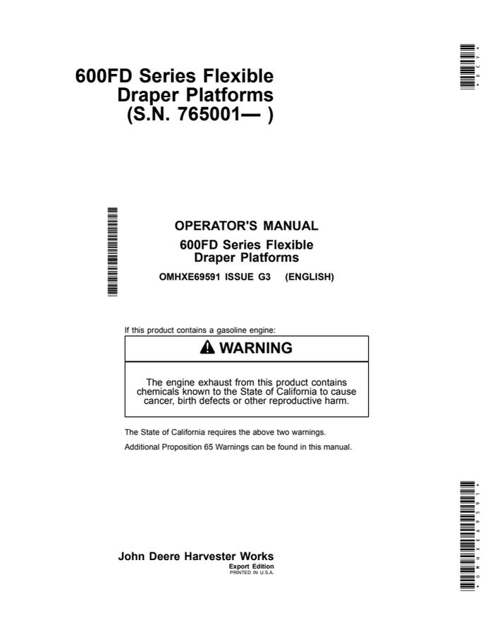 John Deere 600FD Series Flexible Draper Platforms Draper platform Operator manual OMHXE69591 — actual manual cover