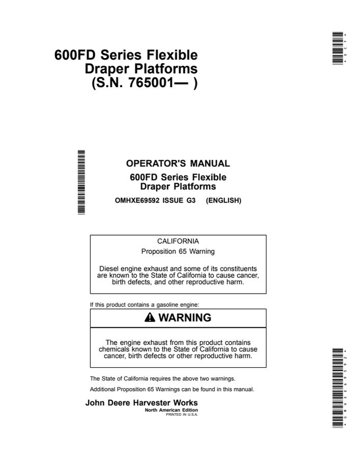 John Deere 600FD Series Flexible Draper Platforms Draper platform Operator manual OMHXE69592 — actual manual cover