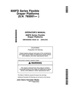 John Deere 600FD Series Flexible Draper Platforms Draper platform Operator manual OMHXE69592 — actual manual cover