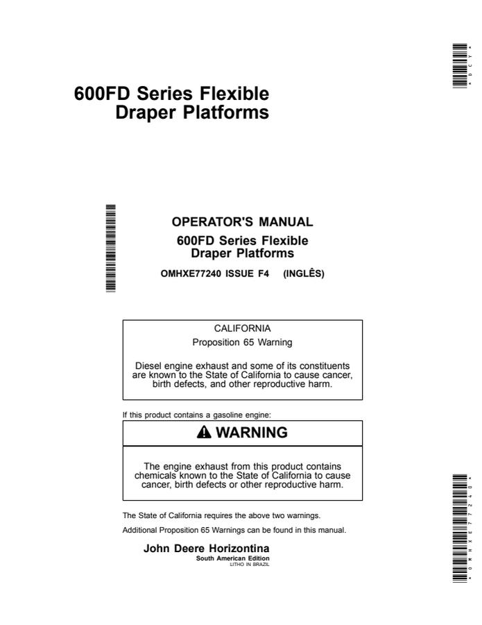 John Deere 600FD Series Flexible Draper Platforms Draper platform Operator manual OMHXE77240 — actual manual cover