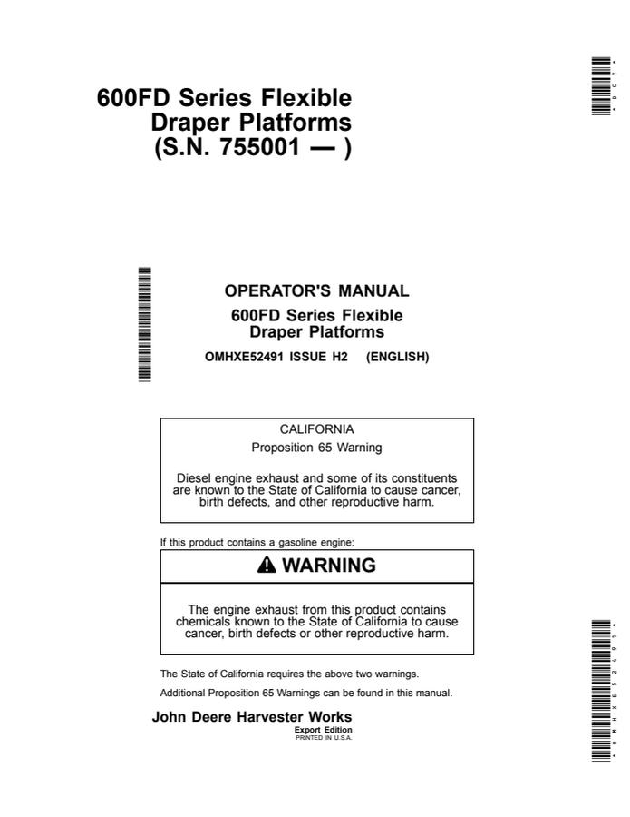 John Deere 600FD Series Flexible Draper Platforms Operator manual — actual manual cover