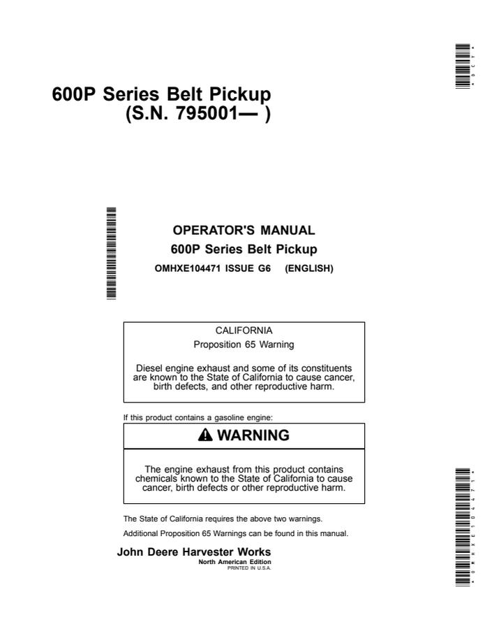 John Deere 600P Series Belt Pickup Belt pickup Operator manual OMHXE104471 — actual manual cover