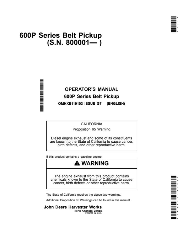 John Deere 600P Series Belt Pickup Belt pickup Operator manual OMHXE119103 — actual manual cover