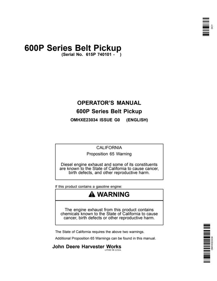 John Deere 600P Series Belt Pickup Belt pickup Operator manual OMHXE23034 — actual manual cover