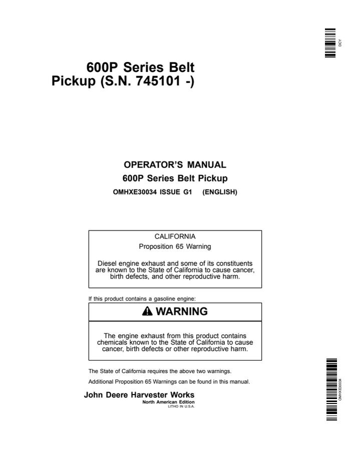 John Deere 600P Series Belt Pickup Belt pickup Operator manual OMHXE30034 — actual manual cover