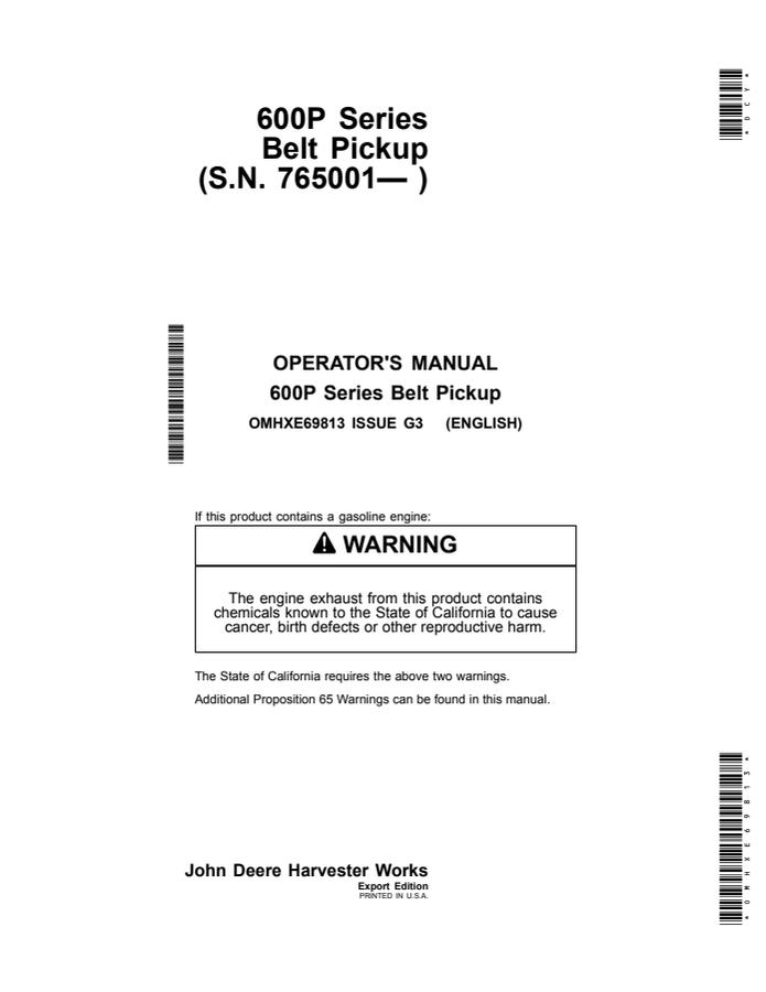 John Deere 600P Series Belt Pickup Belt pickup Operator manual OMHXE69813 — actual manual cover
