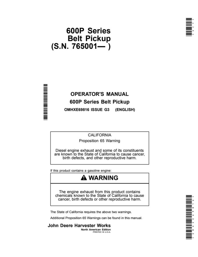 John Deere 600P Series Belt Pickup Belt pickup Operator manual OMHXE69816 — actual manual cover