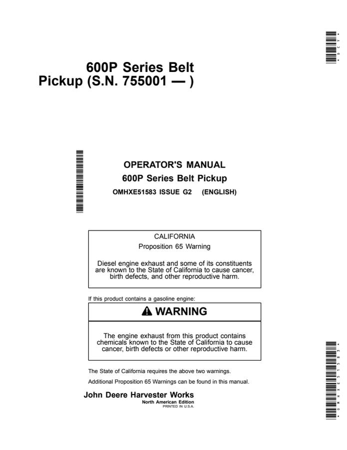 John Deere 600P Series Belt pickup Operator's manual OMHXE51583 — actual manual cover