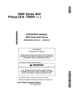 John Deere 600P Series Belt pickup Operator's manual OMHXE51583 — actual manual cover