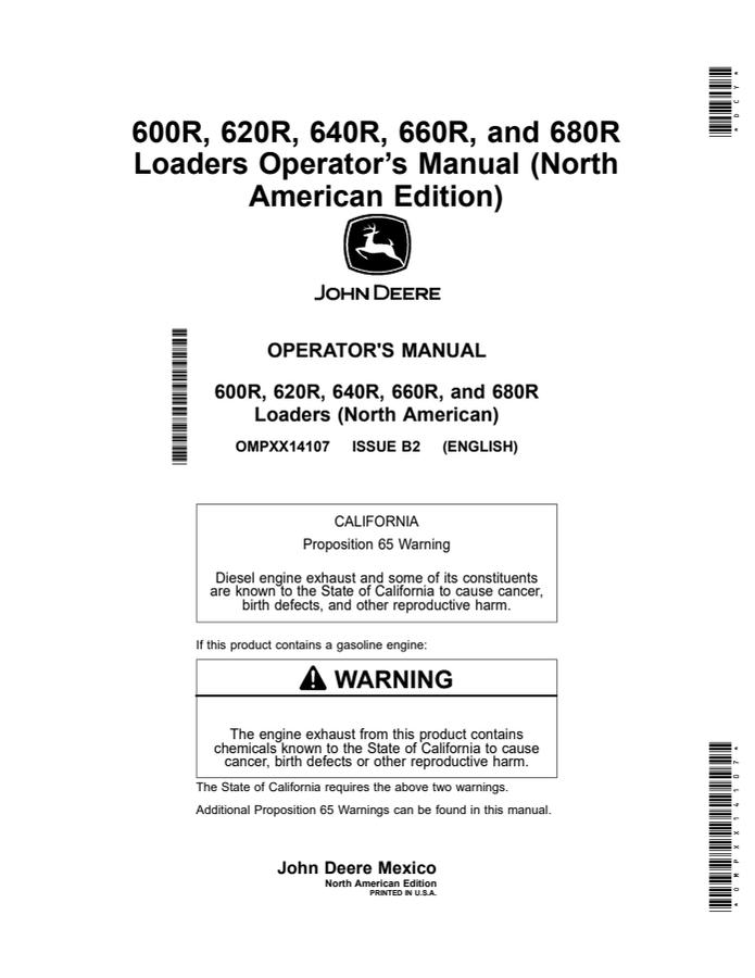 John Deere 600R; 620R; 640R; 660R; 680R Loader Operator manual OMPXX14107 — actual manual cover