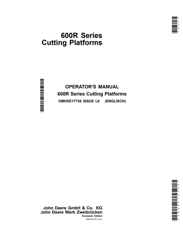 John Deere 600R Series Cutting platform Operator manual OMHXE17736 — actual manual cover