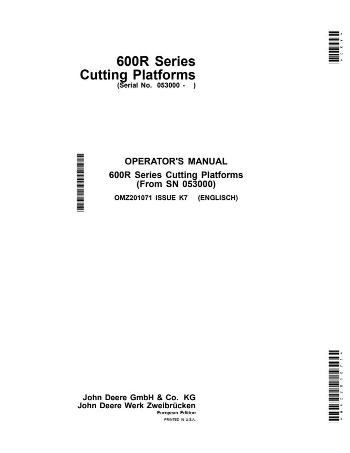 John Deere 600R Series Cutting platform Operator manual OMZ201071 — actual manual cover
