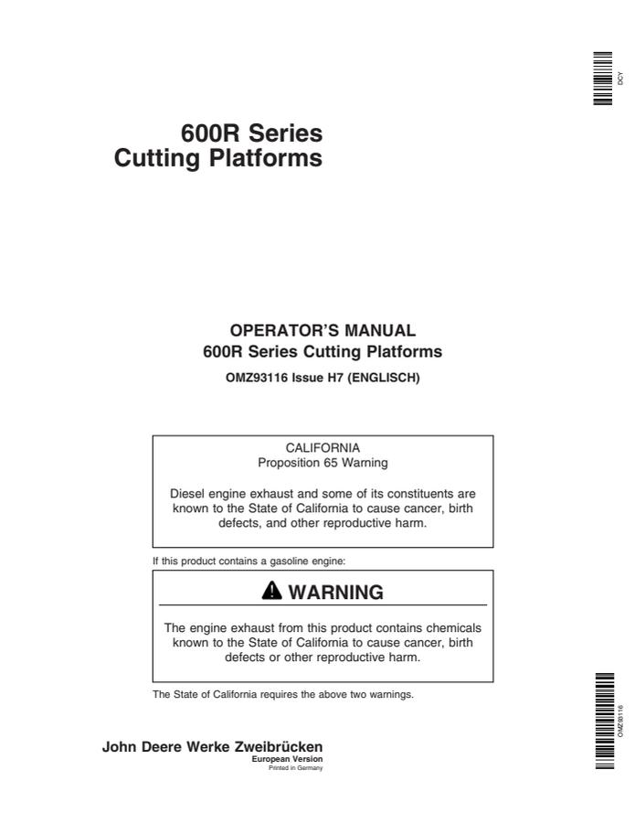 John Deere 600R Series Cutting platform Operator manual OMZ93116 — actual manual cover