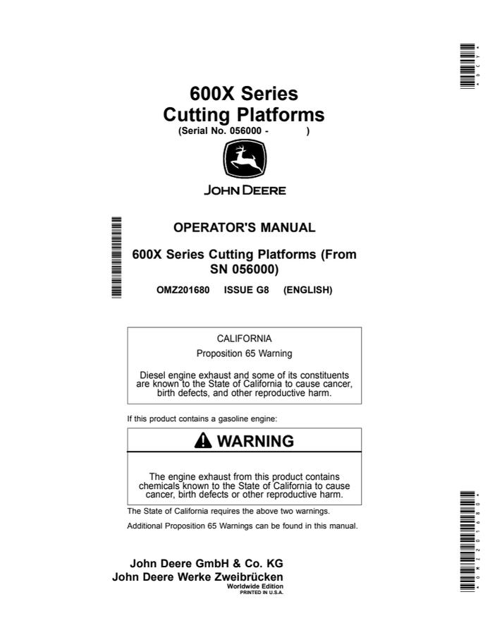 John Deere 600X Series Cutting platform Operator manual OMZ201680 — actual manual cover