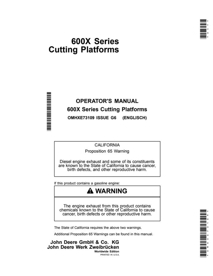 John Deere 600X Series Cutting platform Operator's manual OMHXE73109 — actual manual cover