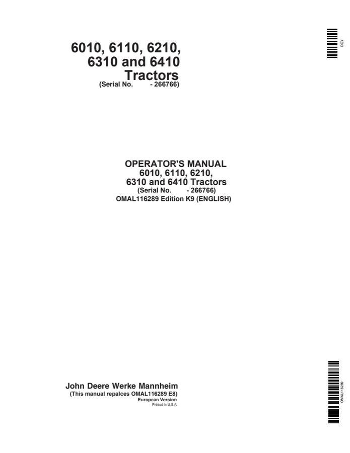 John Deere 6010; 6110; 6210; 6310; 6410 Tractor Operator manual OMAL116289 — actual manual cover