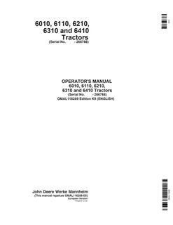 John Deere 6010; 6110; 6210; 6310; 6410 Tractor Operator manual OMAL116289 — actual manual cover
