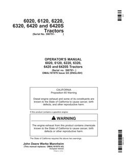 John Deere 6020, 6120, 6220, 6320, 6420, 6420S Agricultural tractor Operator's manual OMAL161979 — actual manual cover