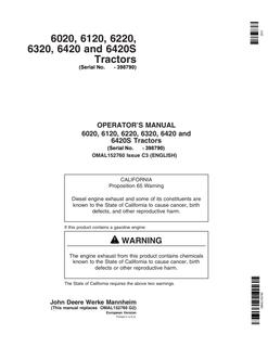 John Deere 6020; 6120; 6220; 6320; 6420; 6420S Tractor Operator manual OMAL152760 — actual manual cover