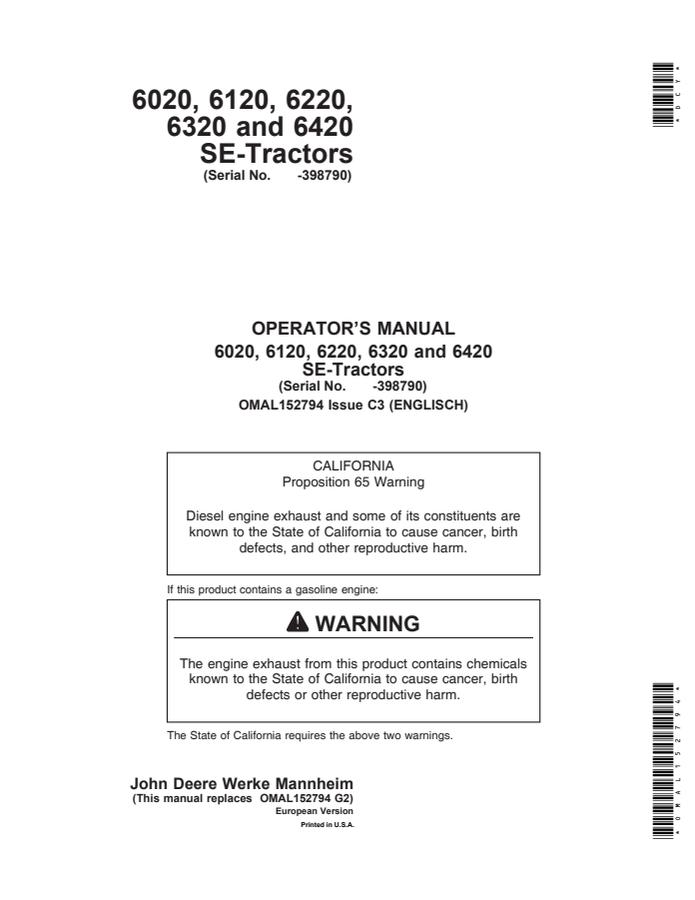 John Deere 6020; 6120; 6220; 6320; 6420 SE Tractor Operator manual OMAL152794 — actual manual cover