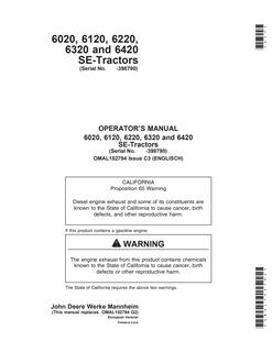 John Deere 6020; 6120; 6220; 6320; 6420 SE Tractor Operator manual OMAL152794 — actual manual cover
