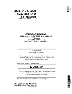 John Deere 6020; 6120; 6220; 6320; 6420 SE Tractor Operator manual OMAL162013 — actual manual cover