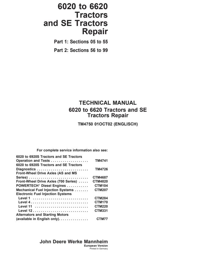 John Deere 6020 to 6620, SE Tractors Tractor Repair technical manual TM4750 — actual manual cover
