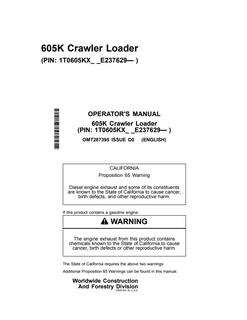 John Deere 605K Crawler loader Operator manual OMT287395 — actual manual cover