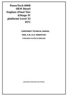 John Deere 6068, 6.8L Level 33 ECU (S.N. 6068HFC09) Engine Component technical manual CTM120019 — actual manual cover
