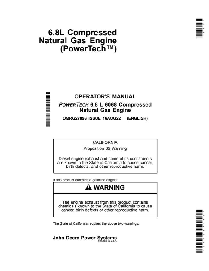 John Deere 6068 Compressed natural gas engine Operator Manual OMRG27896 — actual manual cover