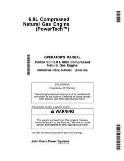 John Deere 6068 Compressed natural gas engine Operator Manual OMRG27896 — actual manual cover