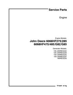 John Deere 6068HF275/285, 6068HF475/485, G82, G85 Diesel Engine Service Parts Manual TP-6291 — actual manual cover