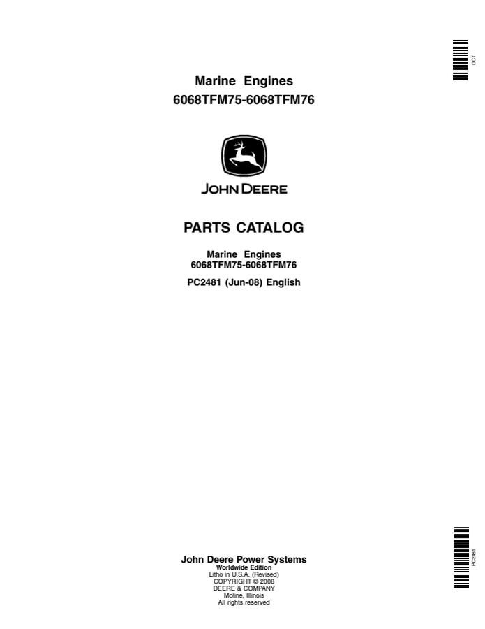 John Deere 6068TFM75 and 6068TFM76 Marine engine Parts catalog PC2481 — actual manual cover