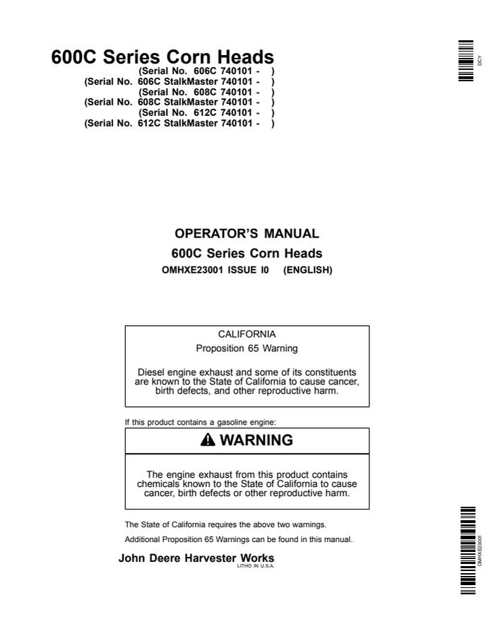 John Deere 606C; 608C; 612C, with/without StalkMaster Corn head Operator manual OMHXE23001 — actual manual cover
