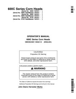 John Deere 606C; 608C; 612C, with/without StalkMaster Corn head Operator manual OMHXE23001 — actual manual cover