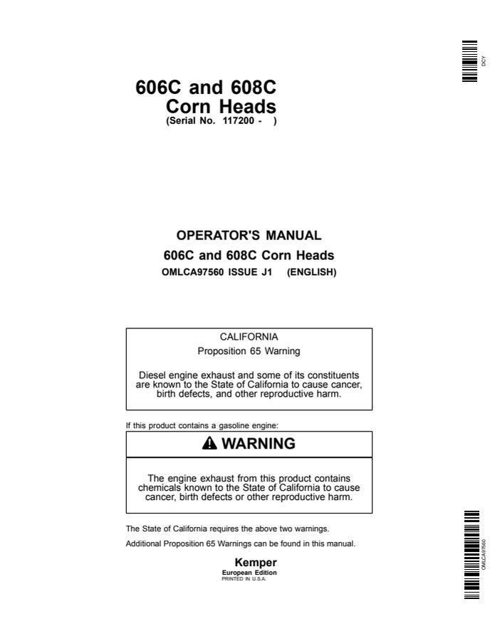 John Deere 606C; 608C Corn head Operator manual OMLCA97560 — actual manual cover