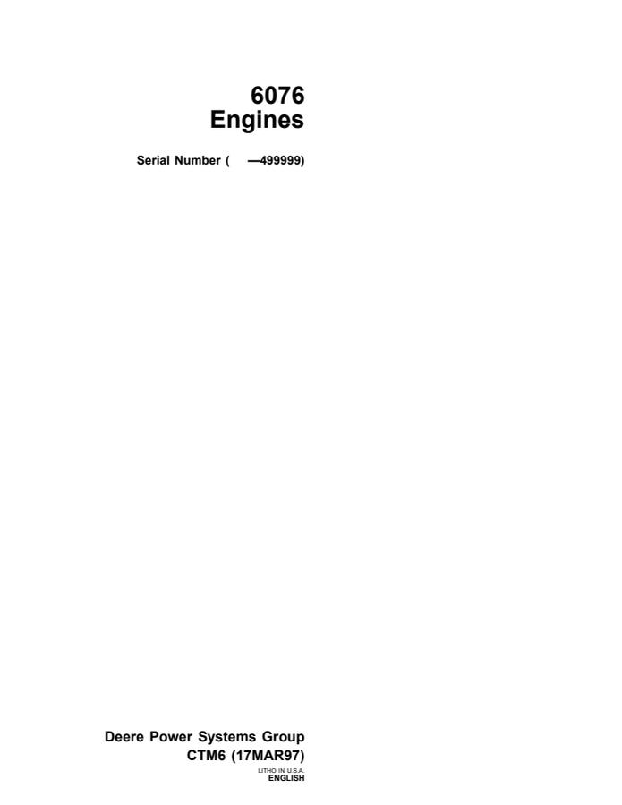 John Deere 6076 Engines Component Technical Manual — actual manual cover