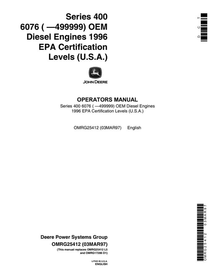 John Deere 6076 OEM diesel engine Operator manual OMRG25412 — actual manual cover