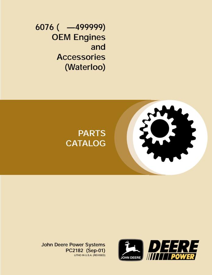 John Deere 6076 OEM Engines and Accessories (Waterloo) Engine Parts catalog PC2182 — actual manual cover