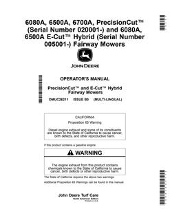 John Deere 6080A; 6500A; 6700A PrecisionCut (serial 020001+); 6080A; 6500A E-Cut Hybrid (serial 005001+) Mower Operator manual OMUC26211 — actual manual cover